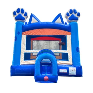 Blue Dog Bounce House inflatable rental with paw print design and mesh panels for kids parties in New Jersey