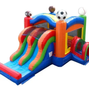 Sports Double Slide bounce house rental with dual dry slides and sports theme in New Jersey