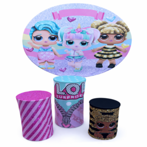LOL Surprise backdrop rental with colorful dolls and themed decorative pedestals