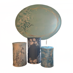 Floral backdrop rental with blue rose design and gold accents for elegant party decoration