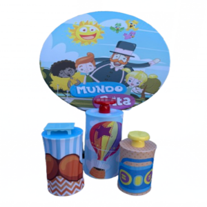 Mundo Bita backdrop rental with colorful cartoon characters and decorative pedestals for kids birthday party