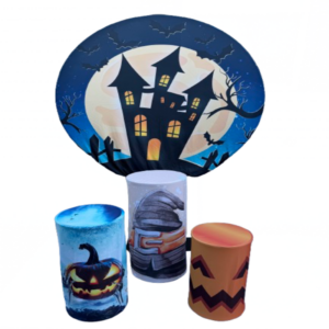 Halloween backdrop rental with haunted house moon scene and pumpkin themed pedestals