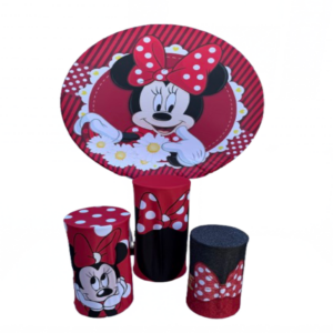 Minnie Mouse backdrop rental with red polka dot theme and decorative pedestals