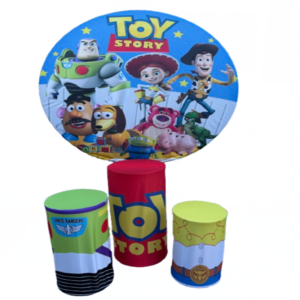Toy Story backdrop rental with Woody, Buzz Lightyear and themed decorative pedestals