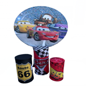 Cars backdrop rental with Lightning McQueen and themed racing pedestals for kids birthday party