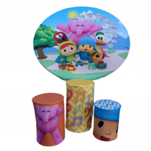Pocoyo backdrop rental with Pocoyo characters and themed decorative pedestals for kids birthday party