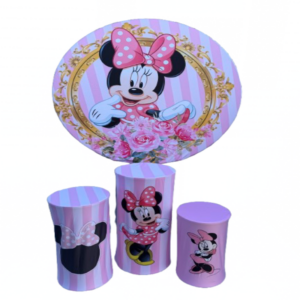 Minnie Mouse backdrop rental with pink polka dot theme and decorative pedestals