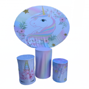 Unicorn backdrop rental with pastel unicorn themed decoration and display pedestals