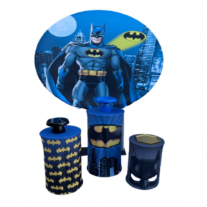 Batman backdrop rental with superhero themed decoration and Gotham City display pedestals
