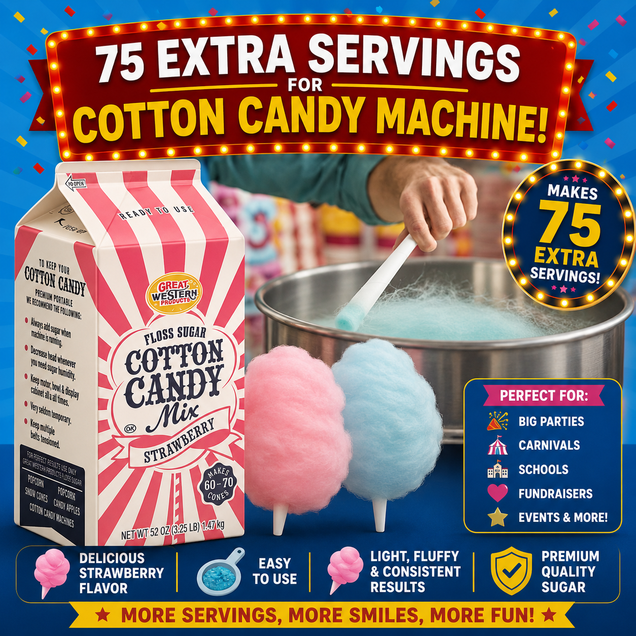 75 Extra Cotton Candy Servings refill pack with premium strawberry floss sugar and paper cones