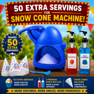 50 Extra Snow Cone Servings refill package with syrup bottles and paper cones