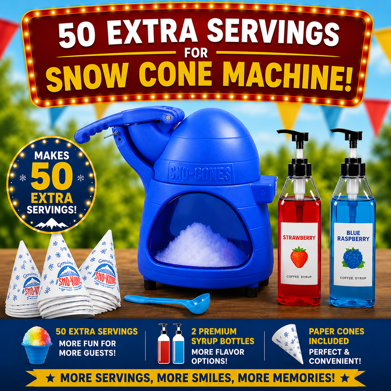 50 Extra Snow Cone Servings refill package with syrup bottles and paper cones