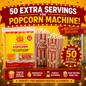 50 Extra Popcorn Servings refill package with premium popcorn, oil, seasoning, and theater-style popcorn bags